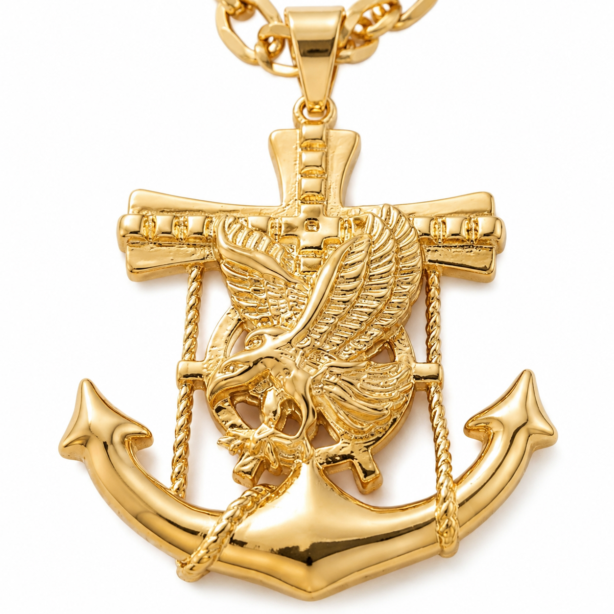 Gold Anchor Cross Eagle Pendant Necklace — Close-up detail