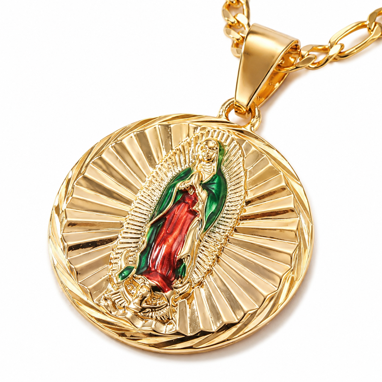 Gold Reversible Guadalupe and San Judas Pendant Necklace — Close-up detail