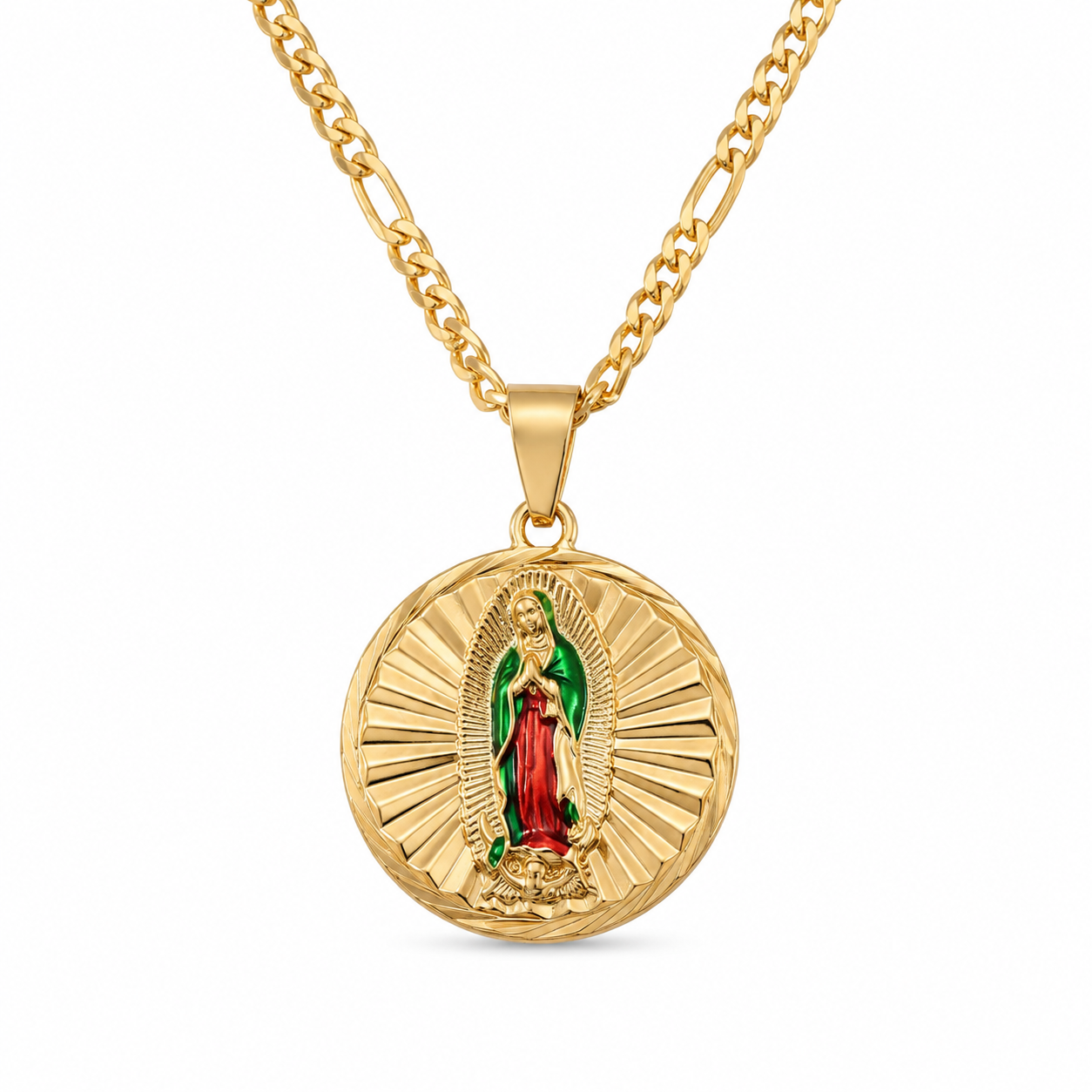 Gold Reversible Guadalupe and San Judas Pendant Necklace — Front view