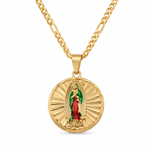 Gold Reversible Guadalupe and San Judas Pendant Necklace — Front view