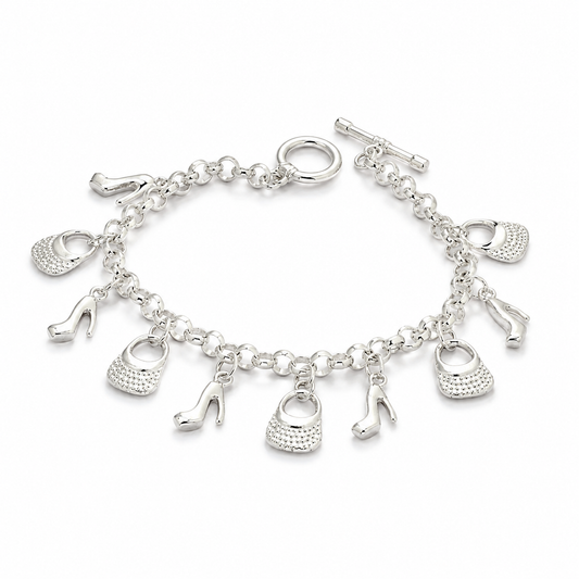 Silver Handbag and Heel Charm Toggle Bracelet — Three-quarter angle view