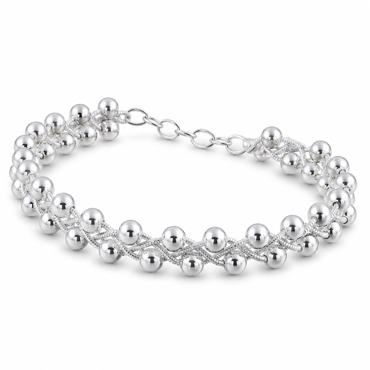 Silver Woven Bead Link Bracelet — Three-quarter angle view