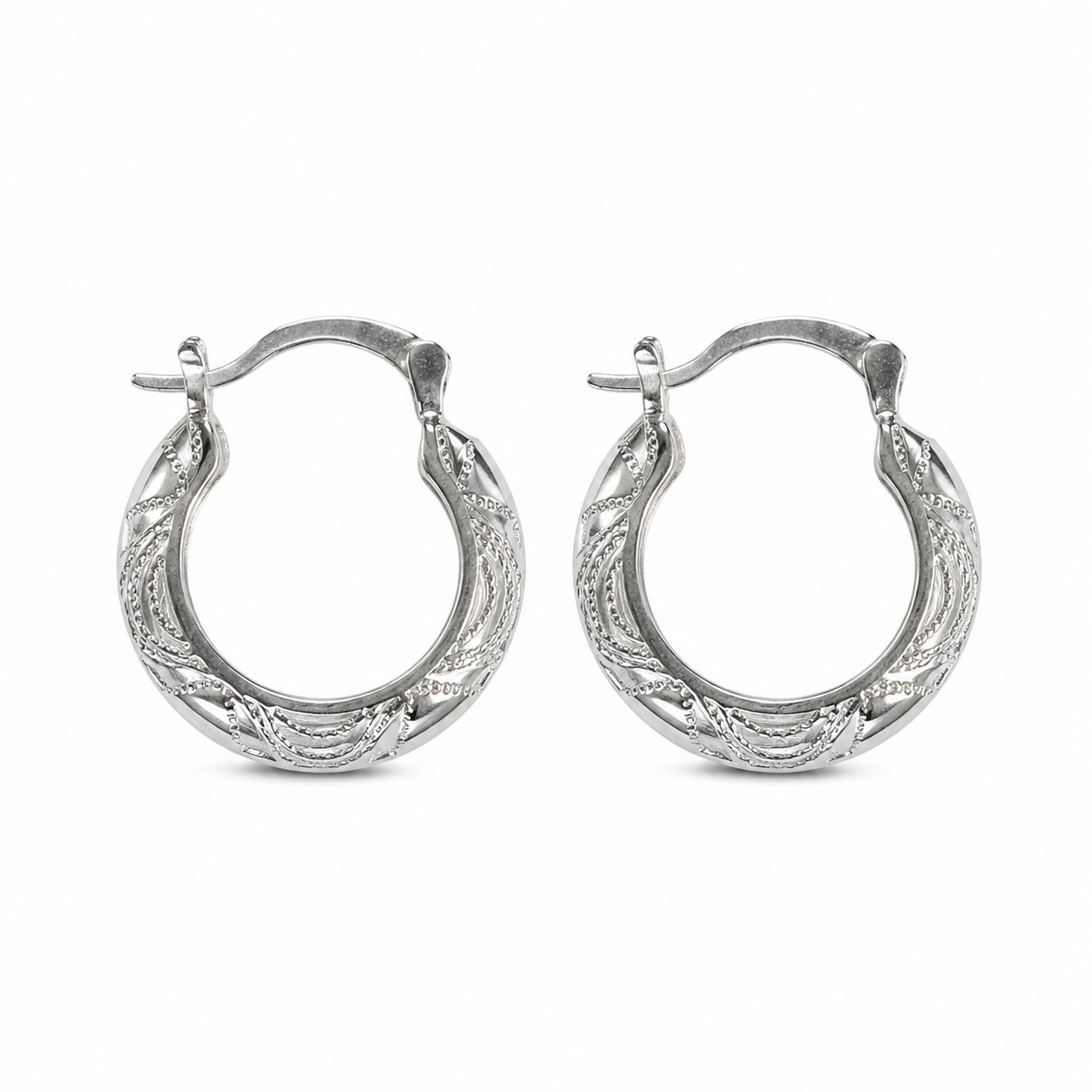 Silver Tribal Engraved Medium Hoop Earrings — Front view