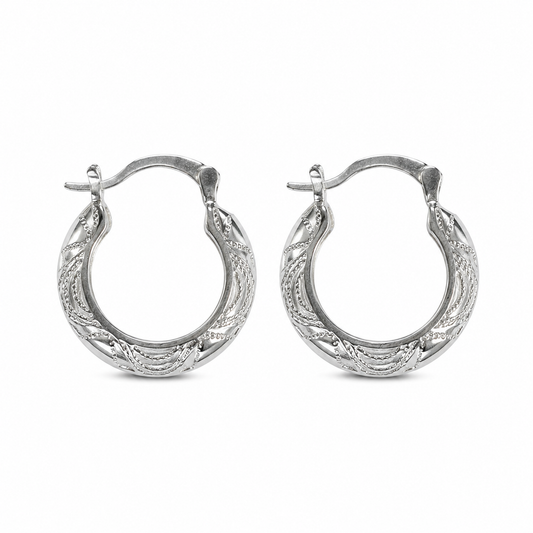 Silver Tribal Engraved Medium Hoop Earrings — Front view
