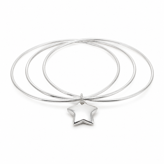 Silver Triple Bangle Set with Star Charm — Front view