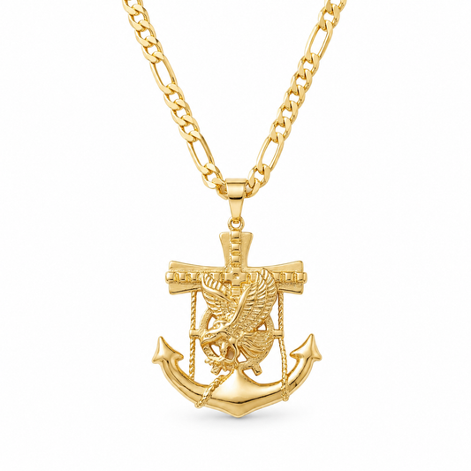 Gold Anchor Cross Eagle Pendant Necklace — Front view
