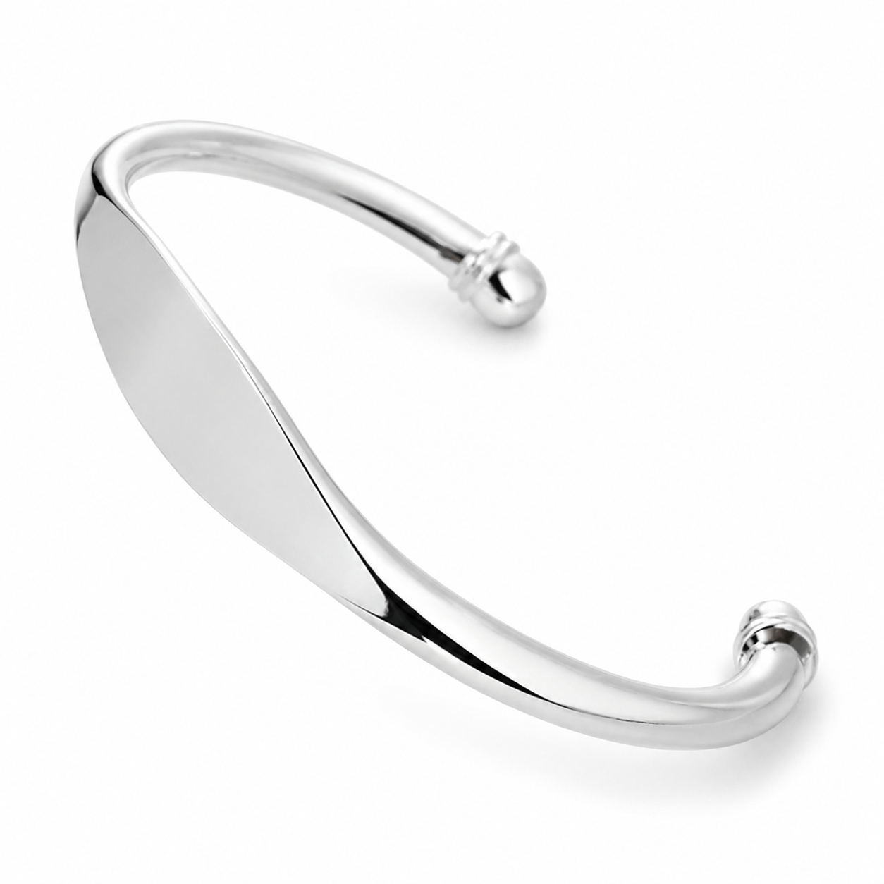 Silver Polished Open Cuff Bangle — Three-quarter angle view
