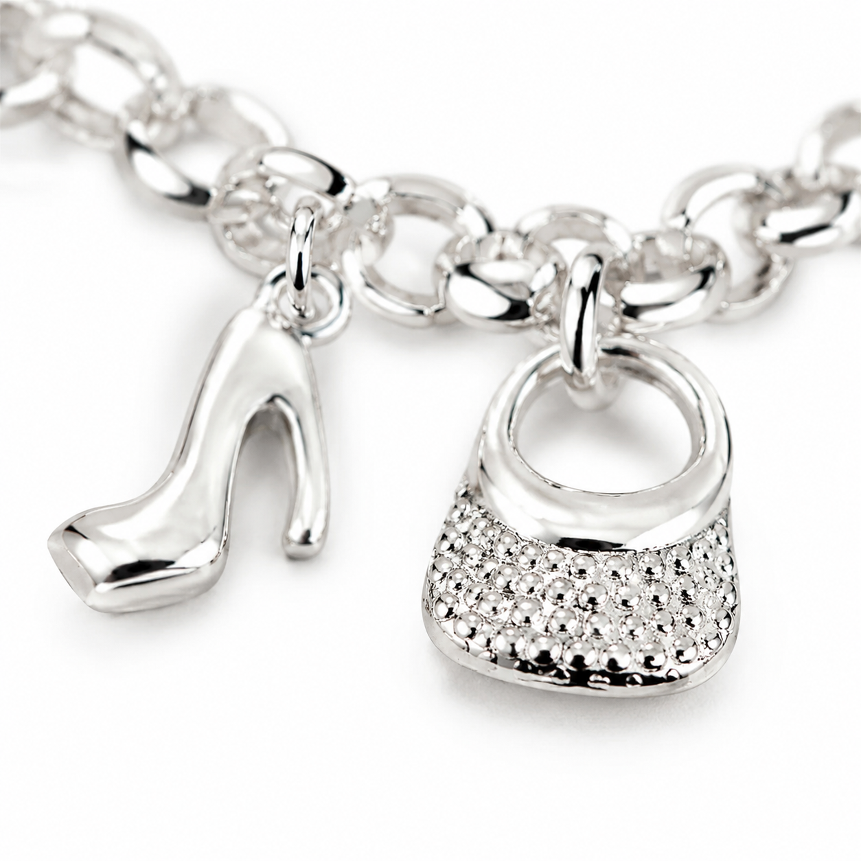 Silver Handbag and Heel Charm Toggle Bracelet — Close-up detail