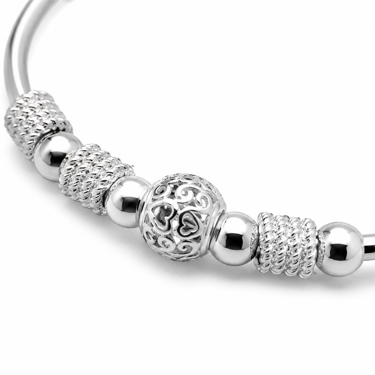 Silver Beaded Charm Adjustable Bangle — Close-up detail
