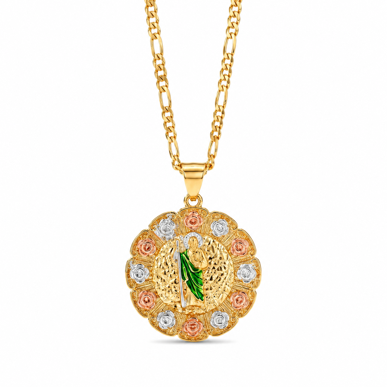 Gold San Judas Tri-Color Rose Medallion Pendant Necklace — Front view