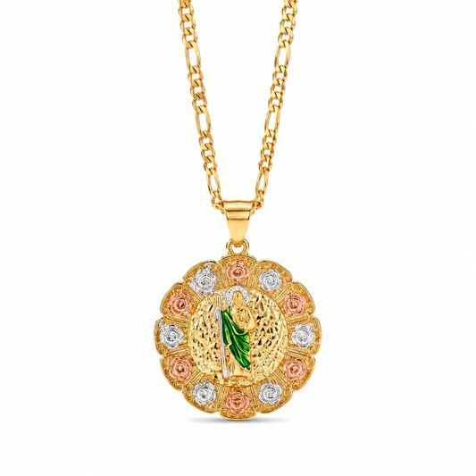 Gold San Judas Tri-Color Rose Medallion Pendant Necklace — Front view