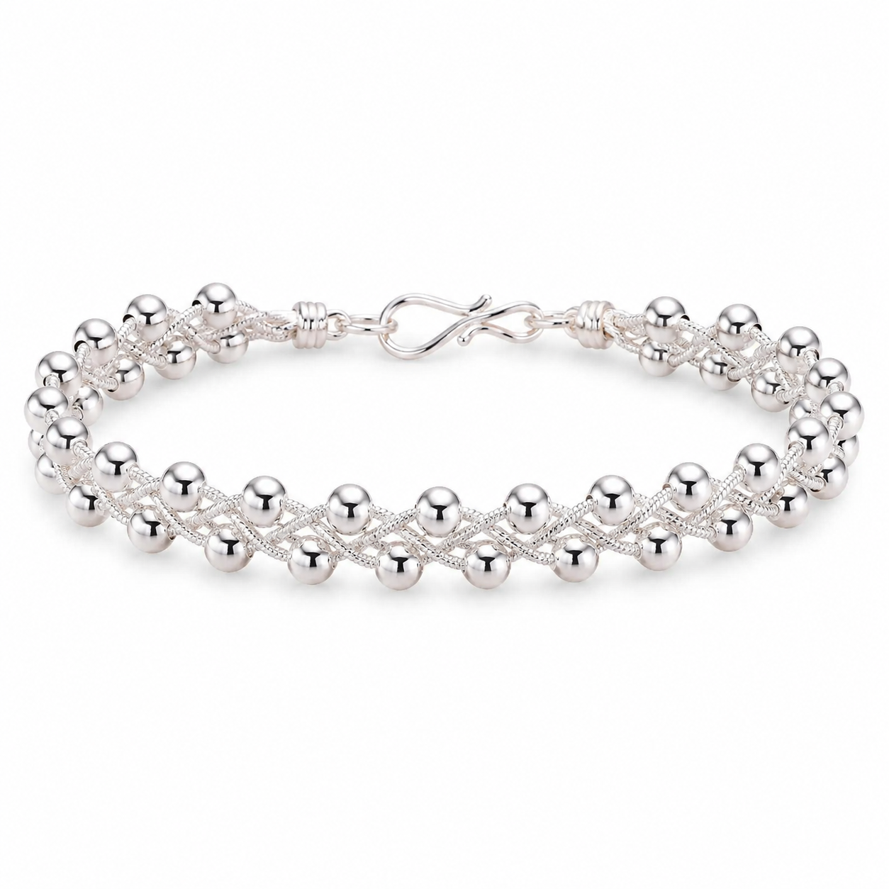 Silver Woven Bead Link Bracelet — Front view