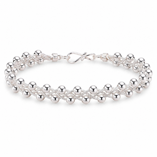 Silver Woven Bead Link Bracelet — Front view