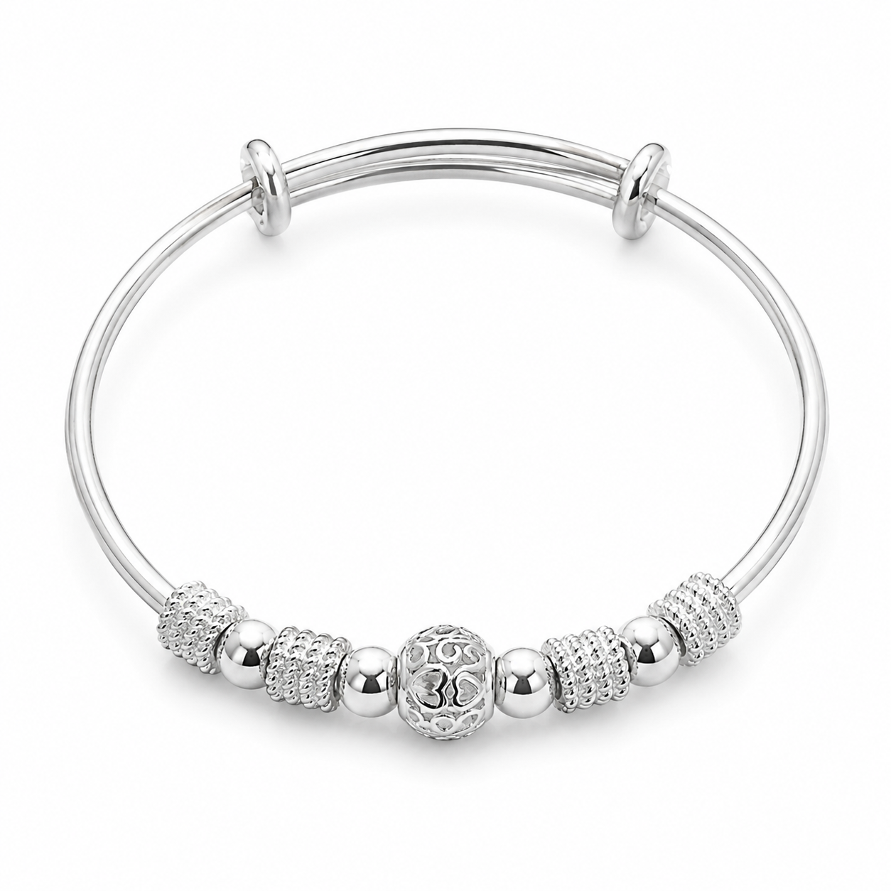 Silver Beaded Charm Adjustable Bangle — Front view