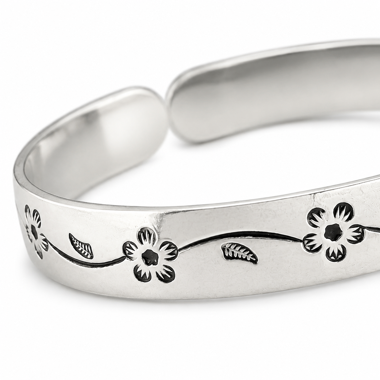 Silver Cherry Blossom Engraved Open Cuff Bangle — Close-up detail