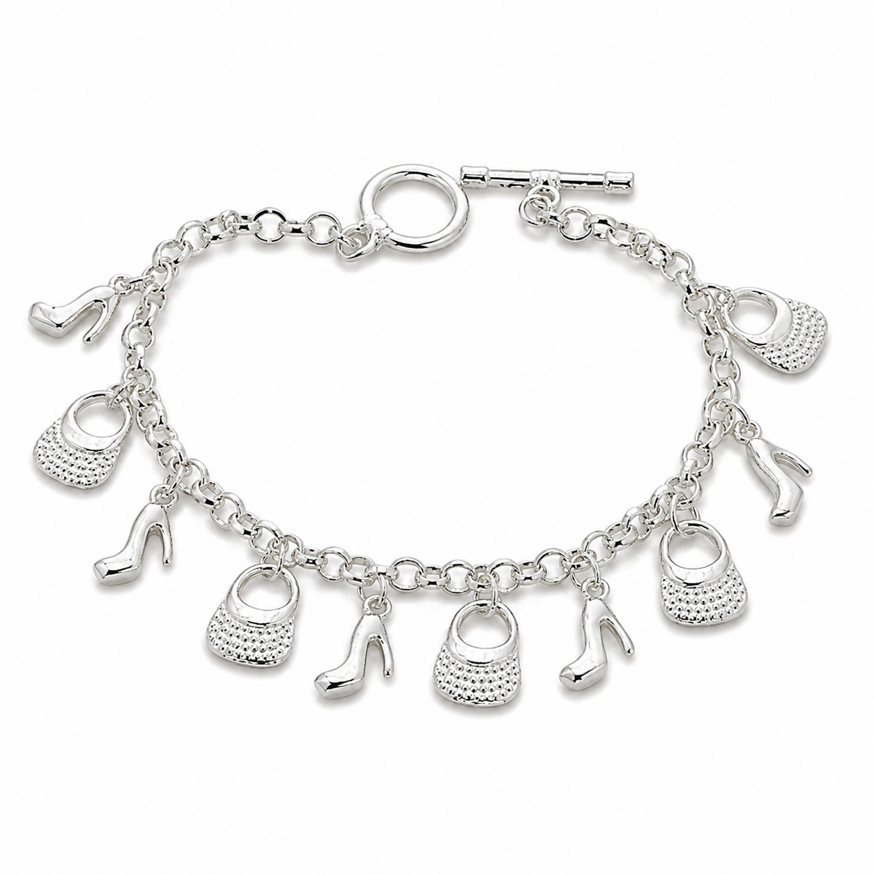 Silver Handbag and Heel Charm Toggle Bracelet — Front view