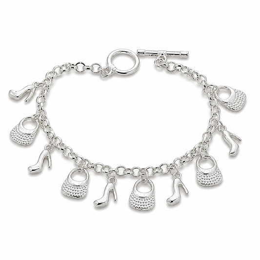 Silver Handbag and Heel Charm Toggle Bracelet — Front view
