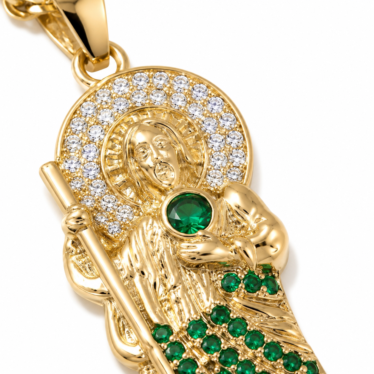 Gold San Judas Zirconia Pendant Necklace Duo — Close-up detail
