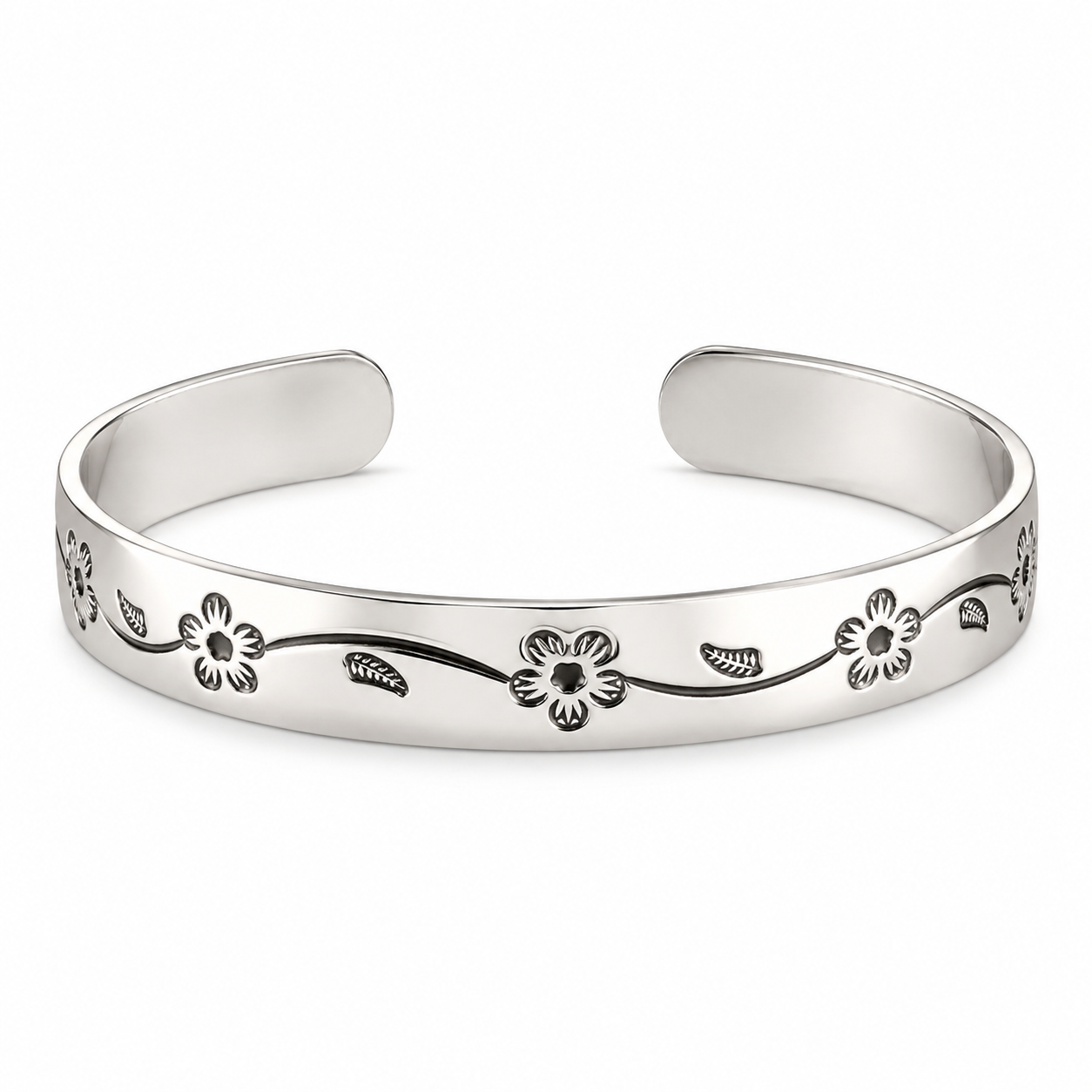 Silver Cherry Blossom Engraved Open Cuff Bangle — Alternate angle view