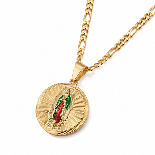 Gold Reversible Guadalupe and San Judas Pendant Necklace — Three-quarter angle view