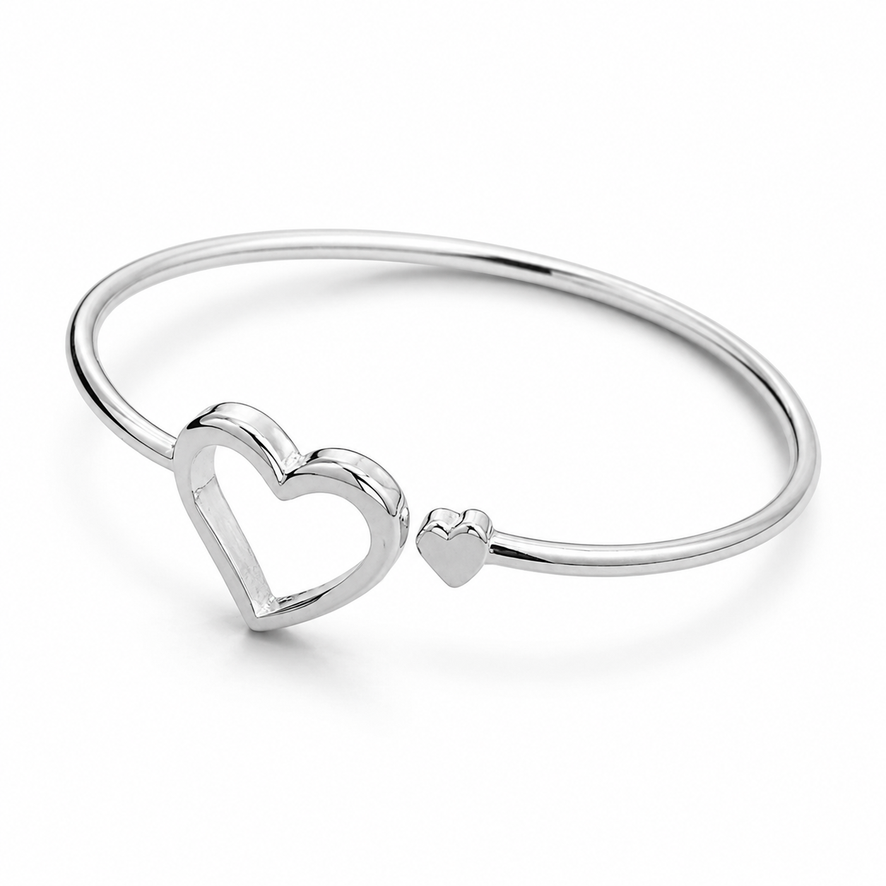 Silver Heart Clasp Minimalist Bangle — Three-quarter angle view