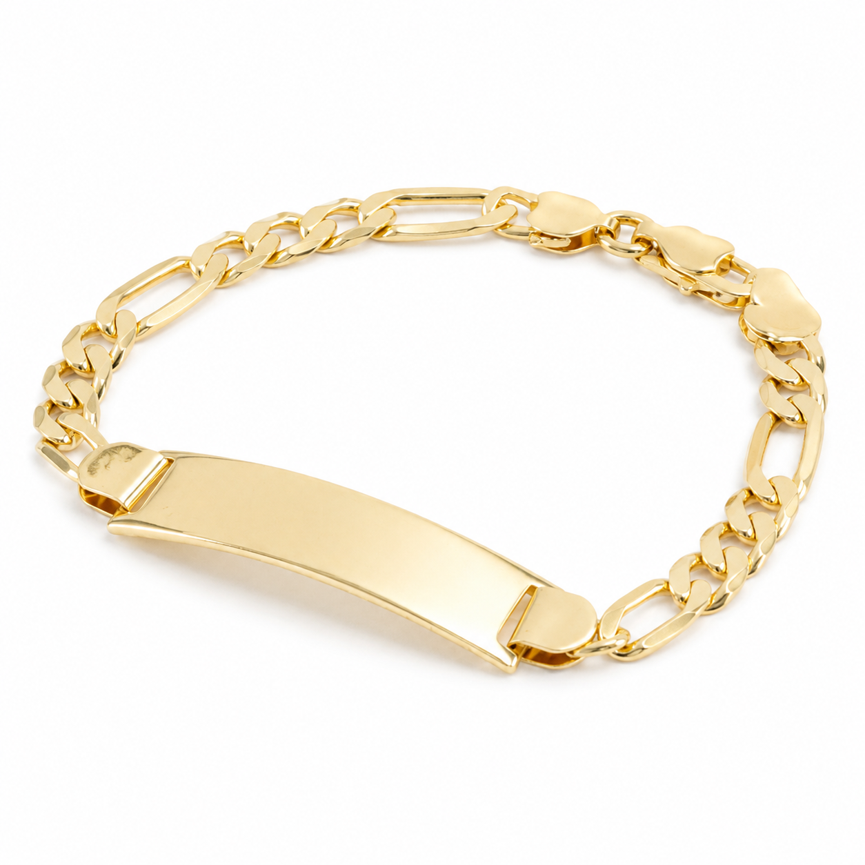 Gold Figaro ID Plate Bracelet — Three-quarter angle view