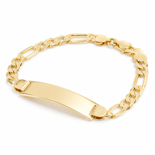 Gold Figaro ID Plate Bracelet — Three-quarter angle view