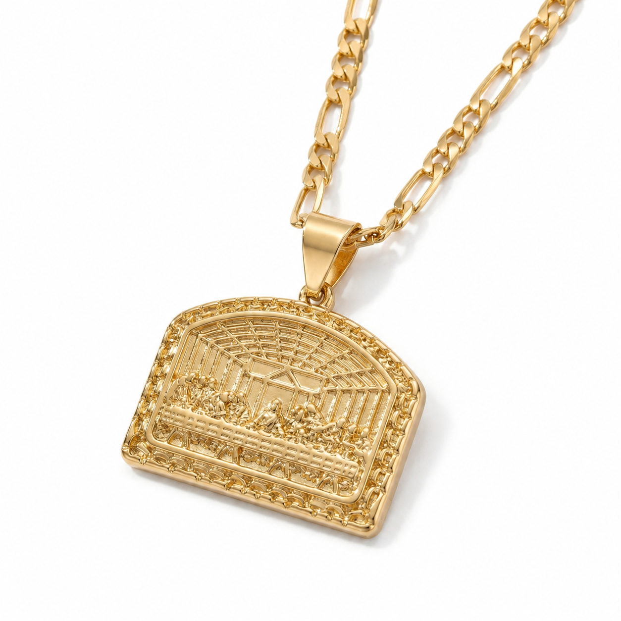 Gold Last Supper Pendant Necklace — Three-quarter angle view