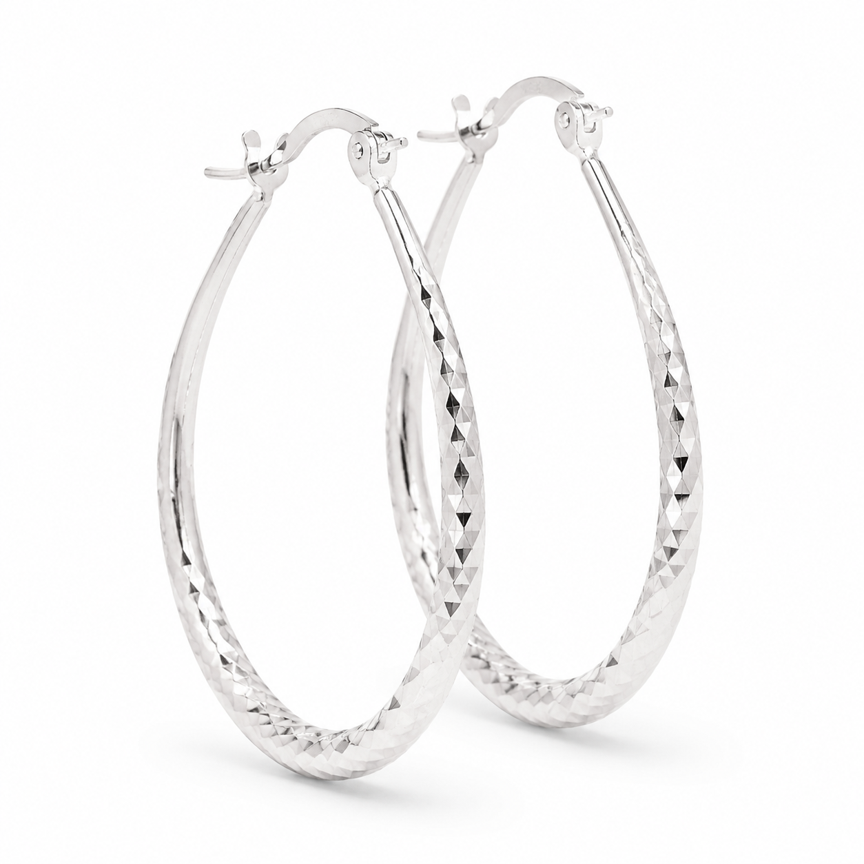 Silver Diamond-Cut Teardrop Hoop Earrings — Alternate angle view