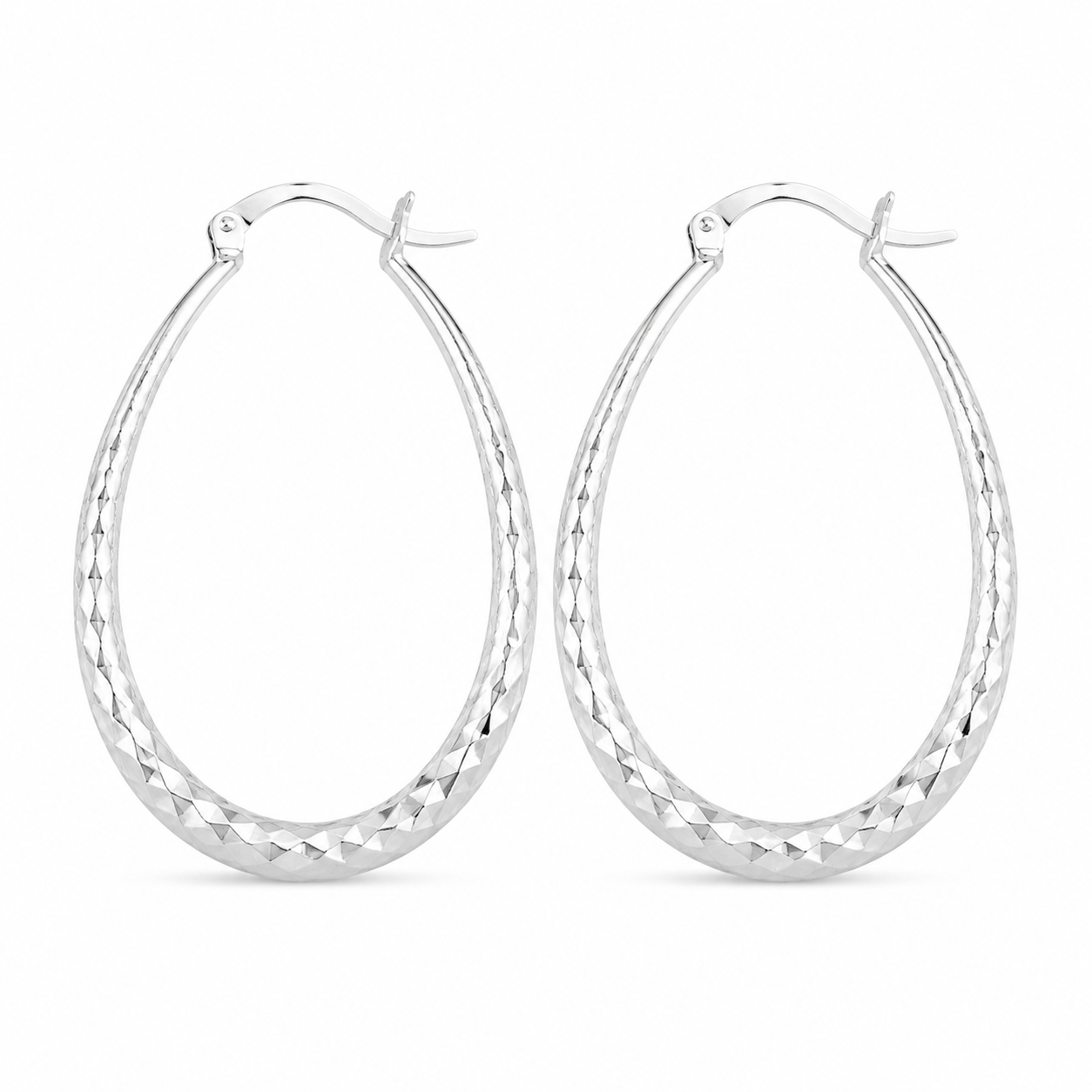 Silver Diamond-Cut Teardrop Hoop Earrings — Front view