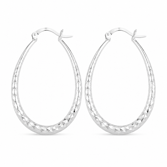 Silver Diamond-Cut Teardrop Hoop Earrings — Front view