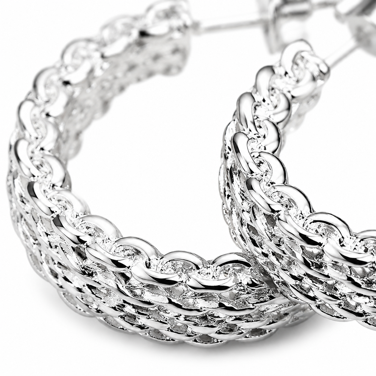 Silver Woven Rope Textured Hoop Earrings — Close-up detail