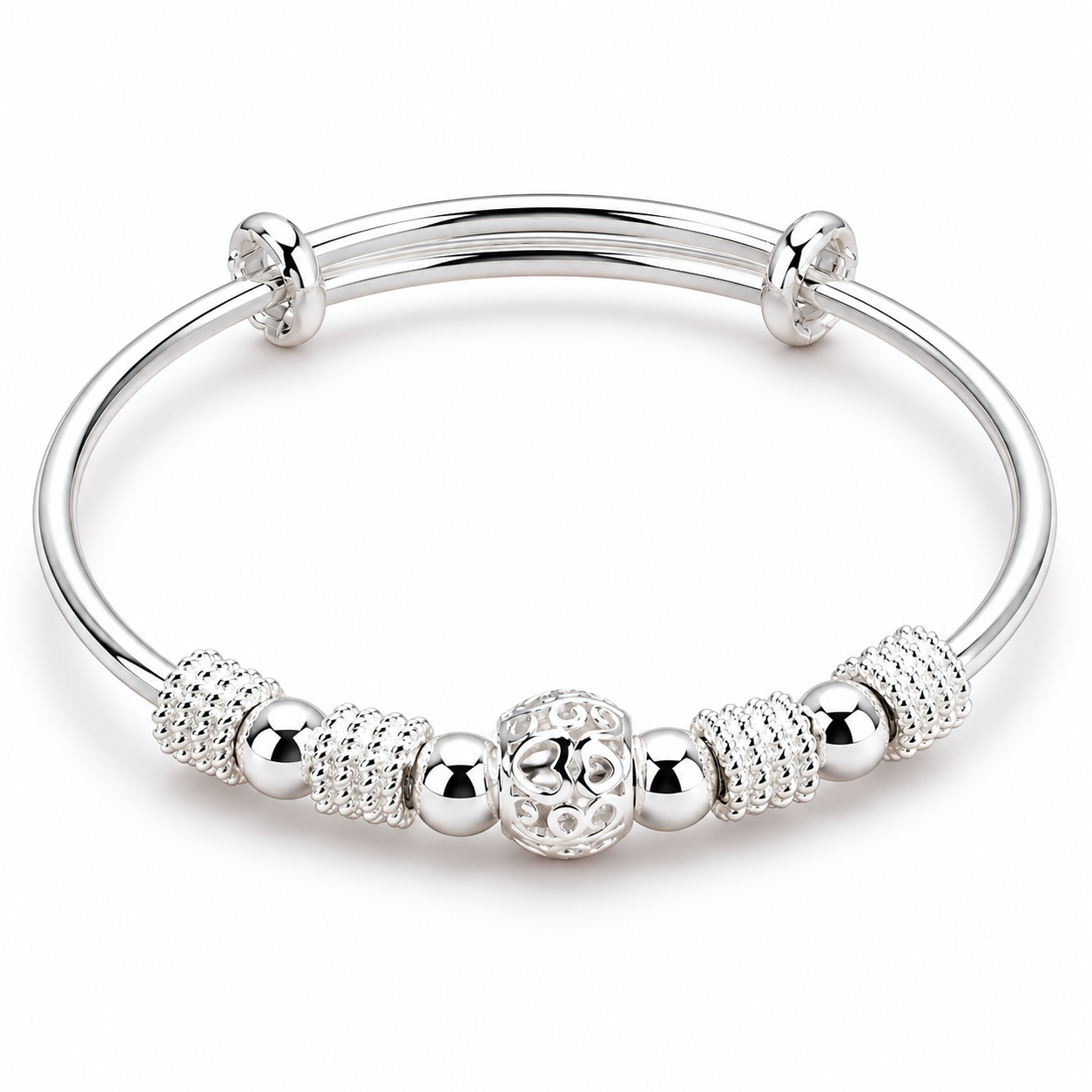 Silver Beaded Charm Adjustable Bangle — Three-quarter angle view
