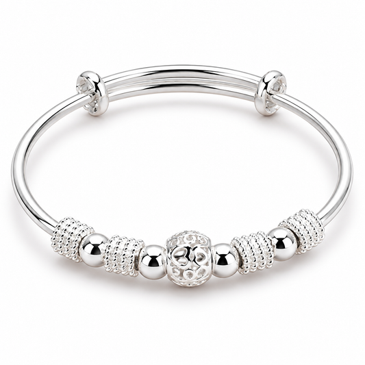 Silver Beaded Charm Adjustable Bangle — Three-quarter angle view