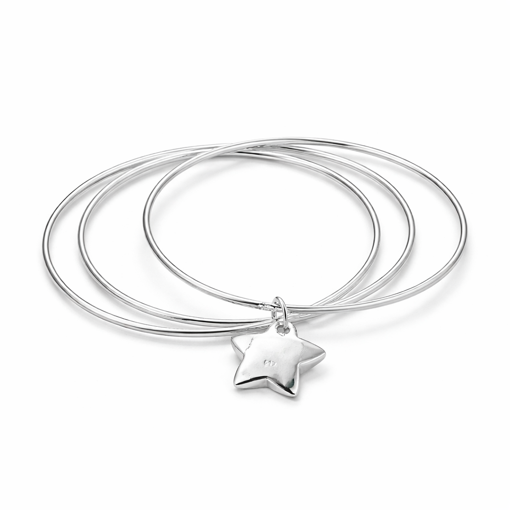 Silver Triple Bangle Set with Star Charm — Three-quarter angle view