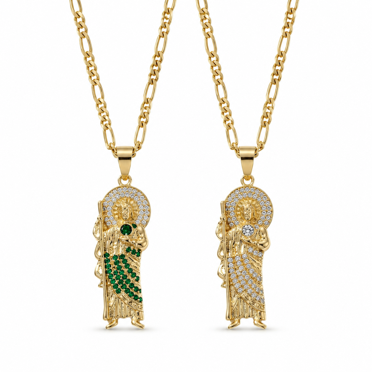 Gold San Judas Zirconia Pendant Necklace Duo — Front view