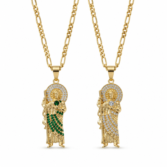 Gold San Judas Zirconia Pendant Necklace Duo — Front view