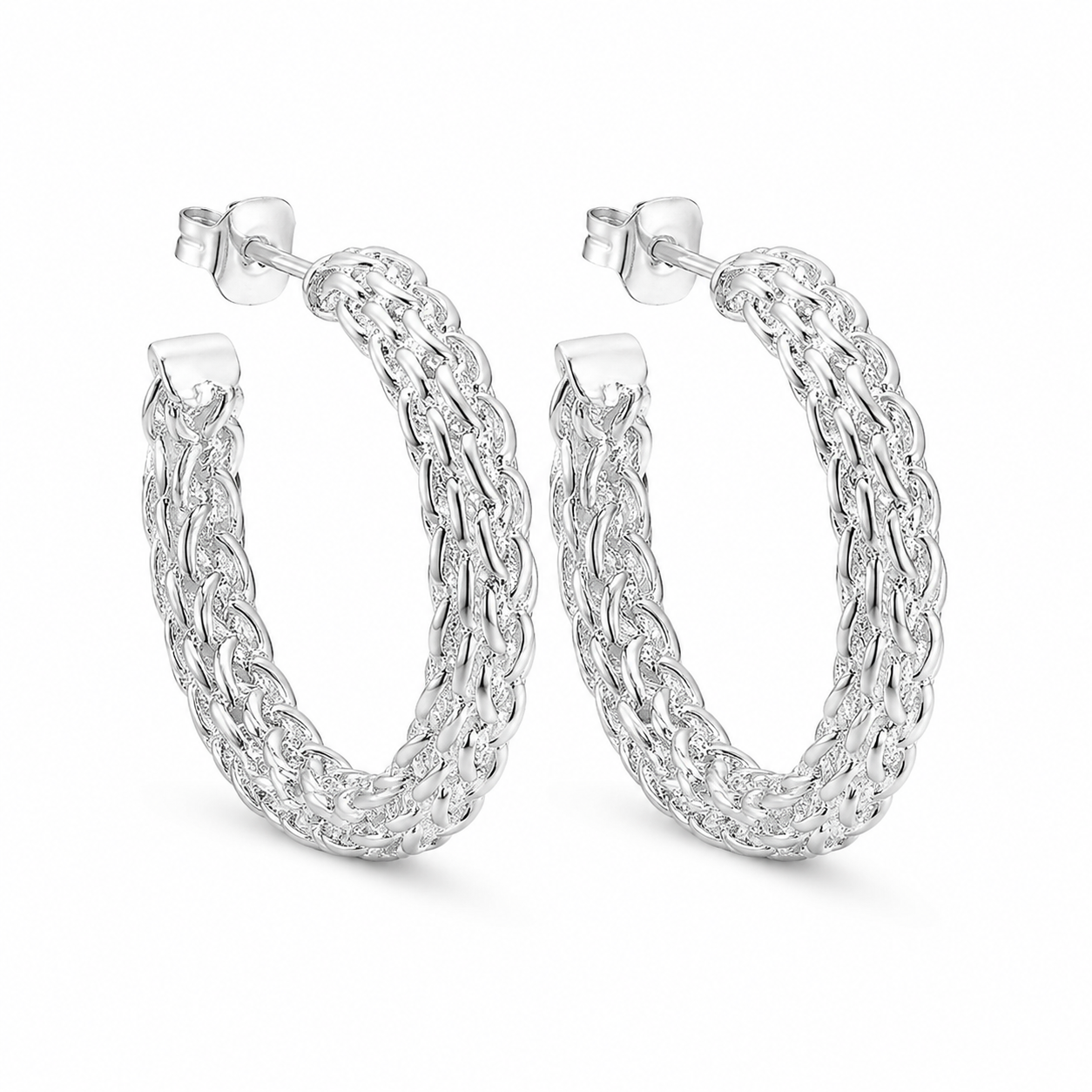 Silver Woven Rope Textured Hoop Earrings — Alternate angle view