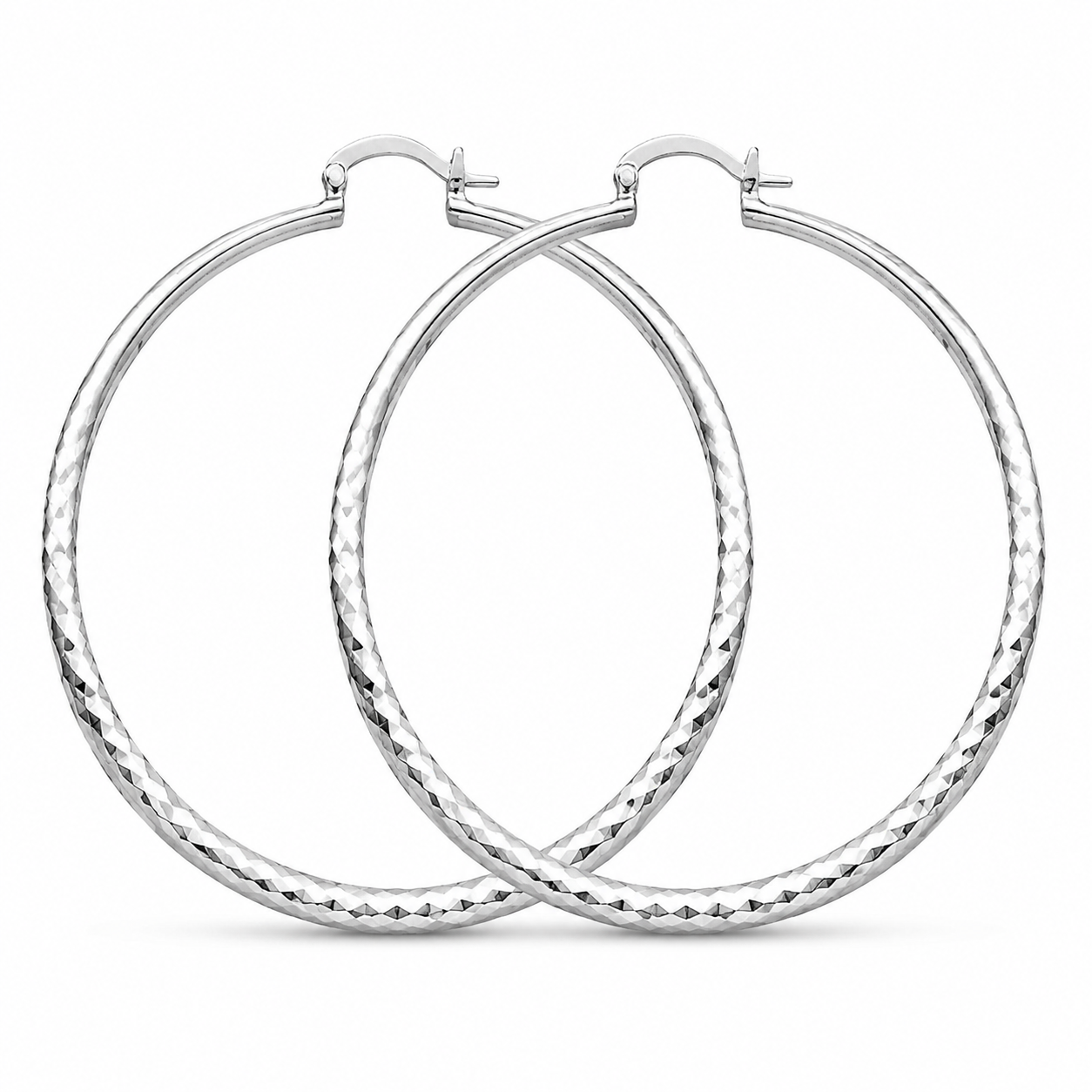 Silver Large Diamond-Cut Hoop Earrings — Front view
