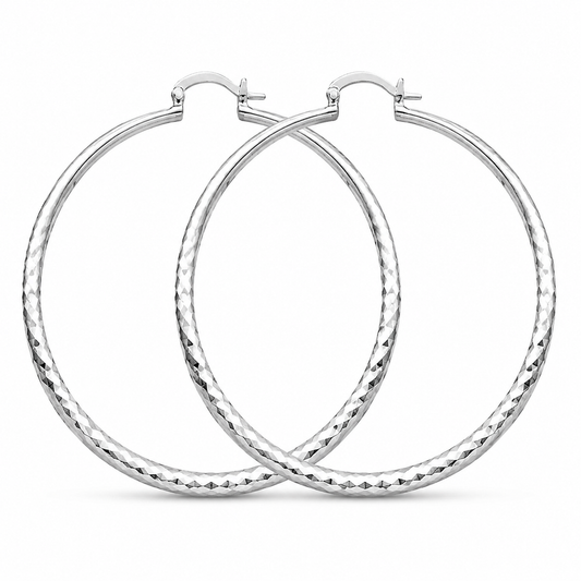 Silver Large Diamond-Cut Hoop Earrings — Front view