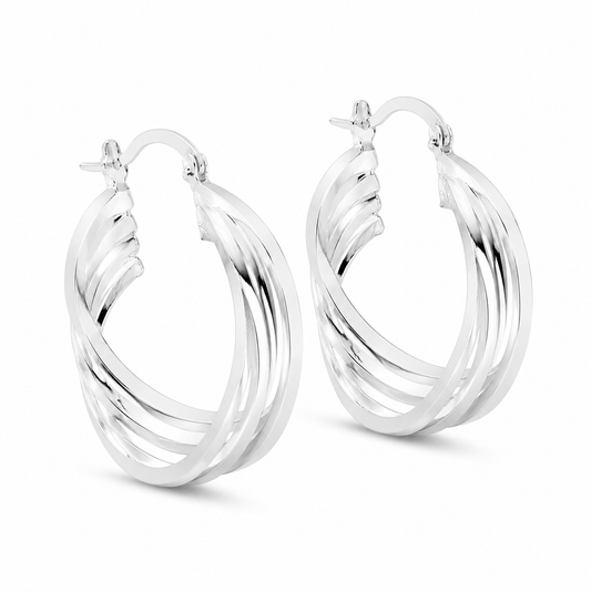 Silver Multi-Row Layered Hoop Earrings — Three-quarter angle view
