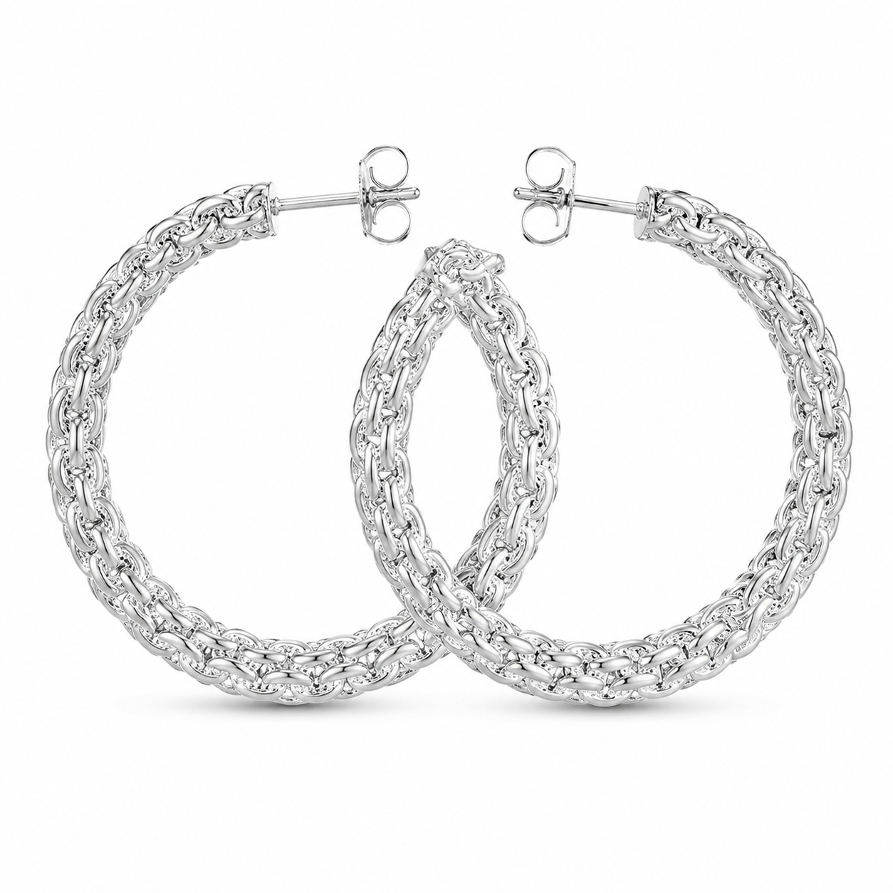 Silver Woven Rope Textured Hoop Earrings — Front view