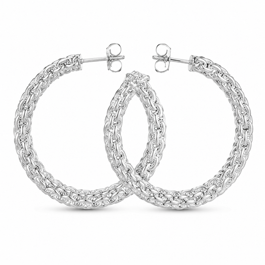 Silver Woven Rope Textured Hoop Earrings — Front view