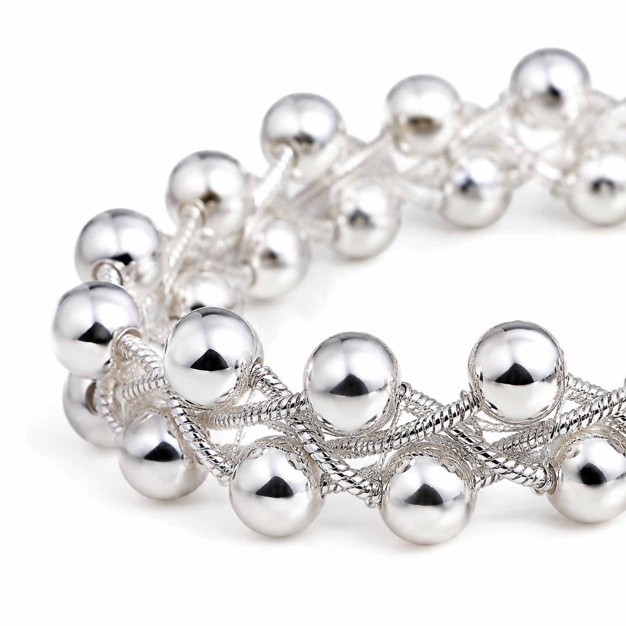 Silver Woven Bead Link Bracelet — Close-up detail