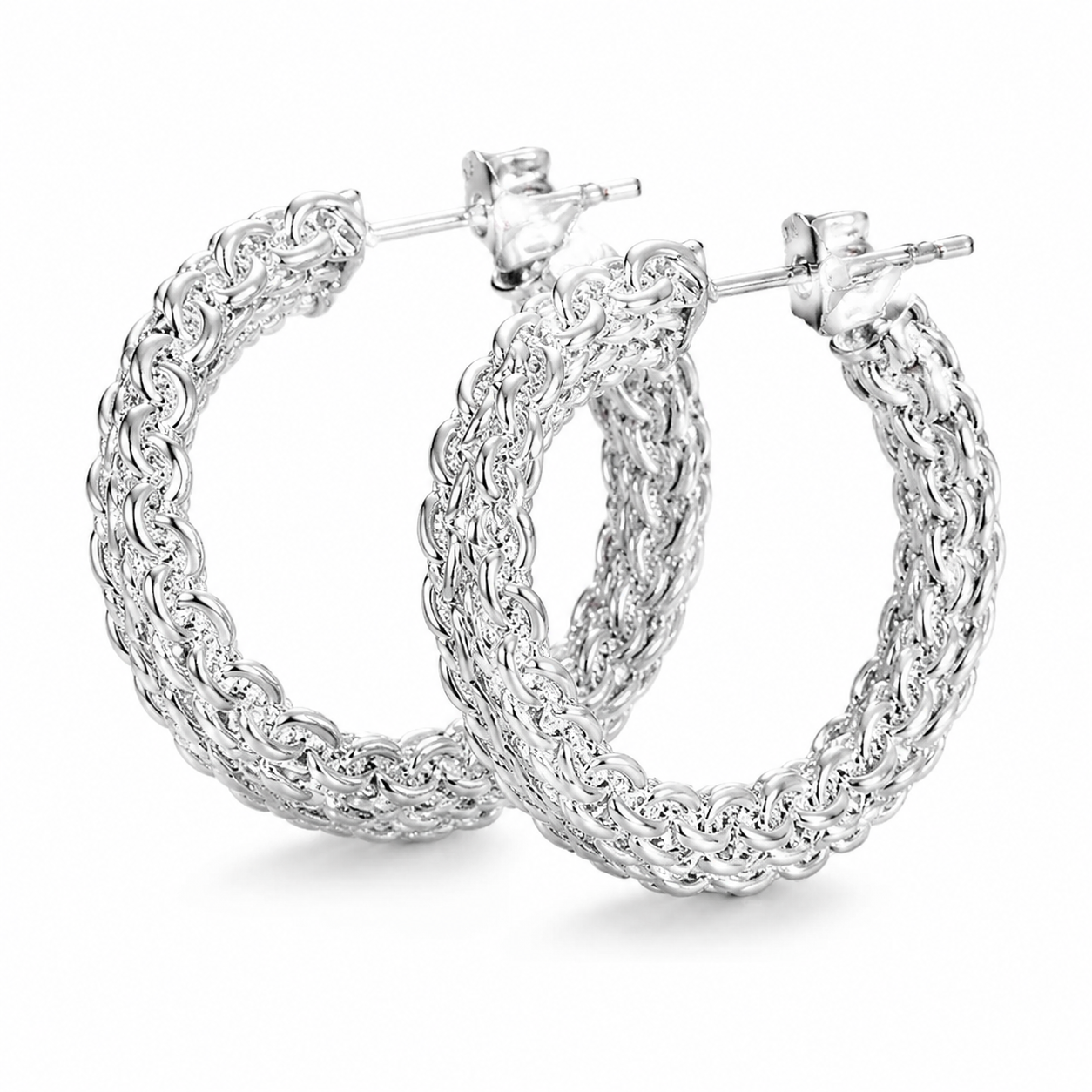 Silver Woven Rope Textured Hoop Earrings — Three-quarter angle view