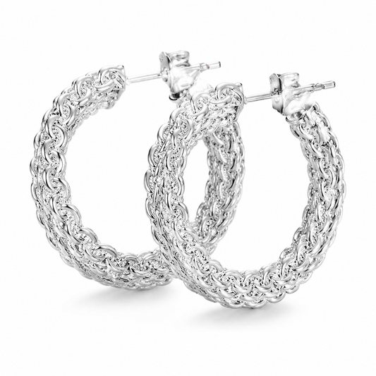 Silver Woven Rope Textured Hoop Earrings — Three-quarter angle view