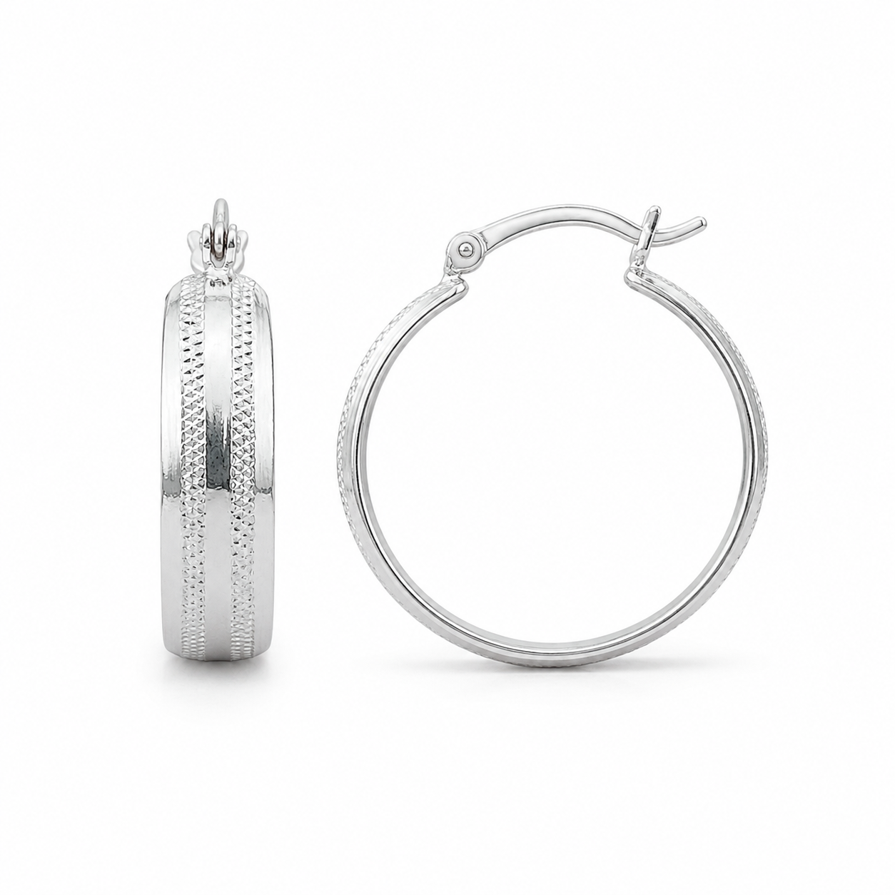 Silver Wide Band Textured Hoop Earrings — Alternate angle view