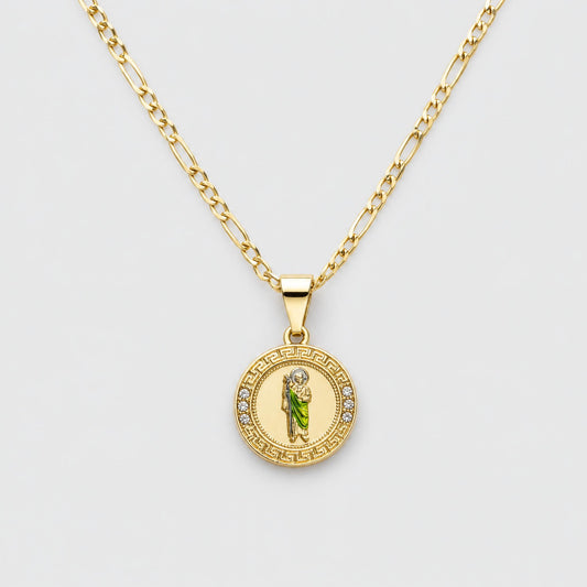 San Judas Necklace Set in 14K Gold Plated With Figaro 3, 5MM in 22 in inches No Tarnish