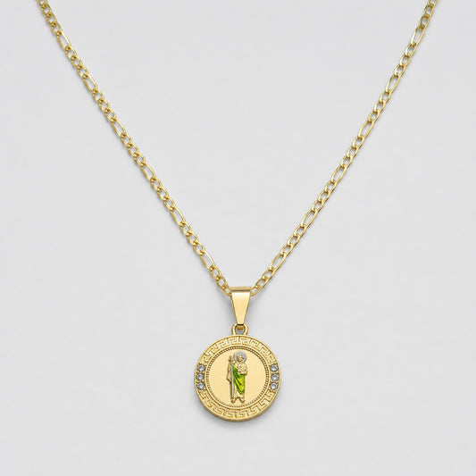 San Judas Necklace Set in 14K Gold Plated With Figaro 3, 5MM in 22 in inches No Tarnish